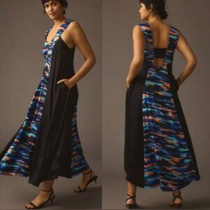 NWT Anthropologie Maeve Silky Black & Watercolor Maxi Dress